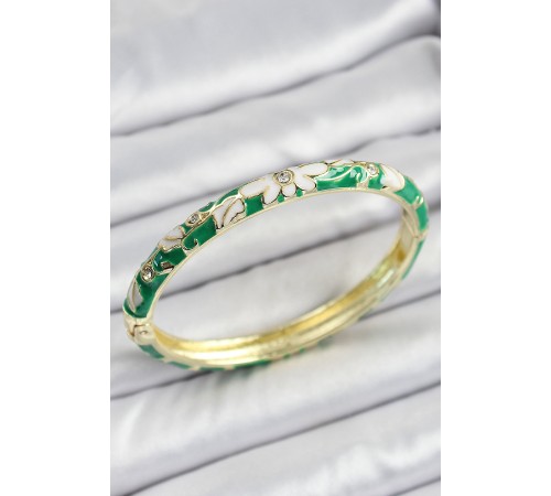 Mineli Pirinç Gold Renk Yeşil Çiçek Desen Motifli Kadın Kelepçe Mineli Pirinç Gold Renk Yeşil Çiçek Desen Motifli Kadın Kelepçe