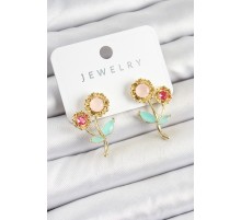 Pirinç Renkli Zirkon Taşlı Papatya Model Gold Renk Kadın Küpe