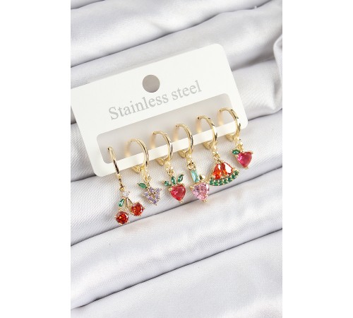 Pirinç Zirkon Taşlı Meyve Temalı Karışık Model Gold Renk 6'lı Set Kadın Küpe Pirinç Zirkon Taşlı Meyve Temalı Karışık Model Gold Renk 6'lı Set Kadın Küpe