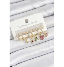 Pirinç Zirkon Taşlı Karpuz Yonca Kalp Pusula Karışık Model Gold Renk 6'lı Set Kadın Küpe