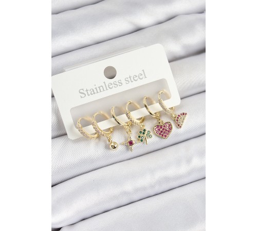 Pirinç Zirkon Taşlı Karpuz Yonca Kalp Pusula Karışık Model Gold Renk 6'lı Set Kadın Küpe Pirinç Zirkon Taşlı Karpuz Yonca Kalp Pusula Karışık Model Gold Renk 6'lı Set Kadın Küpe