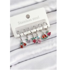 Pirinç Zirkon Taşlı Karpuz Yonca Kalp Pusula Karışık Model Gümüş Renk 6'lı Set Kadın Küpe