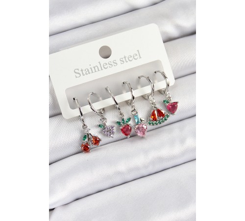 Pirinç Zirkon Taşlı Karpuz Yonca Kalp Pusula Karışık Model Gümüş Renk 6'lı Set Kadın Küpe Pirinç Zirkon Taşlı Karpuz Yonca Kalp Pusula Karışık Model Gümüş Renk 6'lı Set Kadın Küpe