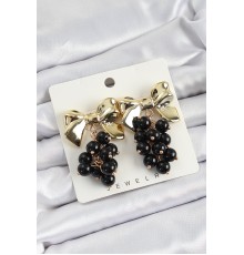 Pirinç Sallantılı Siyah Boncuklu Fiyonk Vintage Model Gold Renk Kadın Küpe