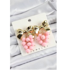 Pirinç Sallantılı Pembe Boncuklu Fiyonk Vintage Model Gold Renk Kadın Küpe