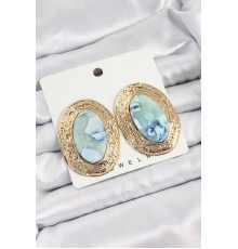 Pirinç Mermer Desenlli Mavi Sedef Oval Vintage Model Gold Renk Kadın Küpe