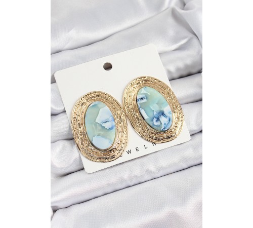Pirinç Mermer Desenlli Mavi Sedef Oval Vintage Model Gold Renk Kadın Küpe Pirinç Mermer Desenlli Mavi Sedef Oval Vintage Model Gold Renk Kadın Küpe