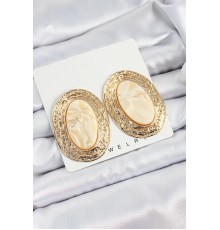 Pirinç Mermer Desenlli Bej Sedef Oval Vintage Model Gold Renk Kadın Küpe