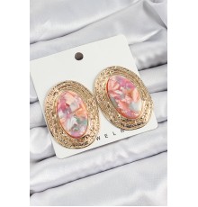 Pirinç Mermer Desenlli Pembe Sedef Oval Vintage Model Gold Renk Kadın Küpe
