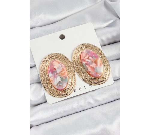 Pirinç Mermer Desenlli Pembe Sedef Oval Vintage Model Gold Renk Kadın Küpe