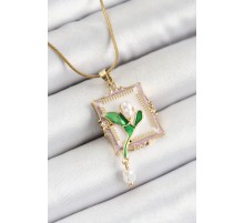 316L Çelik Zincir Beyaz Sanatsal Portre Sallantılı İnci Detaylı Lale Model Gold Renk Kadın Kolye