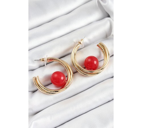 Pirinç Gold Renk Halka Model Kırmızı Boncuk Detay Kadın Küpe