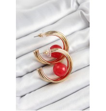 Pirinç Gold Renk Halka Model Kırmızı Boncuk Detay Kadın Küpe