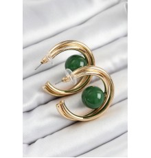 Pirinç Gold Renk Halka Model Yeşil Boncuk Detay Kadın Küpe