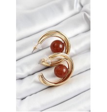 Pirinç Gold Renk Halka Model Kahverengi Boncuk Detay Kadın Küpe