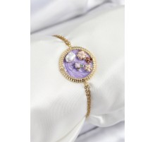 316L Çelik Zincir Mor Mineli Sanatsal Portre İnci Detaylı Çiçek Model Gold Renk Kadın Bileklik