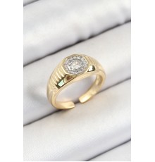 Pirinç Zirkon Taşlı Sekizgen Model Gold Renk Kadın Yüzük