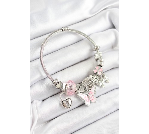 316L Çelik Pembe Zirkon Taşlı Kelebek Fiyonk Ve Kilit Model Gümüş Renk Charm Bileklik 316L Çelik Pembe Zirkon Taşlı Kelebek Fiyonk Ve Kilit Model Gümüş Renk Charm Bileklik