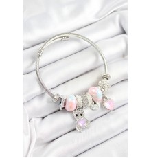 316L Çelik Pembe Zirkon Taşlı Ayıcık Ve Kalp Model Gümüş Renk Charm Bileklik