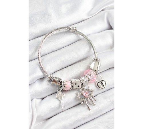 316L Çelik Pembe Zirkon Taşlı Göz Kilit Ve Anahtar Model Gümüş Renk Charm Bileklik 316L Çelik Pembe Zirkon Taşlı Göz Kilit Ve Anahtar Model Gümüş Renk Charm Bileklik