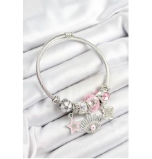 316L Çelik Pembe Zirkon Taşlı Yıldız Göz Ve Yonca Model Gümüş Renk Charm Bileklik