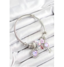 316L Çelik Pembe Zirkon Taşlı Yıldız Anahtar Ve Kalp Model Gümüş Renk Charm Bileklik