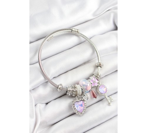 316L Çelik Pembe Zirkon Taşlı Yıldız Anahtar Ve Kalp Model Gümüş Renk Charm Bileklik 316L Çelik Pembe Zirkon Taşlı Yıldız Anahtar Ve Kalp Model Gümüş Renk Charm Bileklik