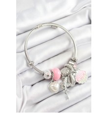 316L Çelik Pembe Zirkon Taşlı Yıldız Melek İstiridye Ve Kalp Model Gümüş Renk Charm Bileklik