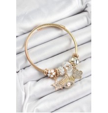 316L Çelik Beyaz Zirkon Taşlı Yıldız Göz Ve Yonca Model Gold Renk Charm Bileklik
