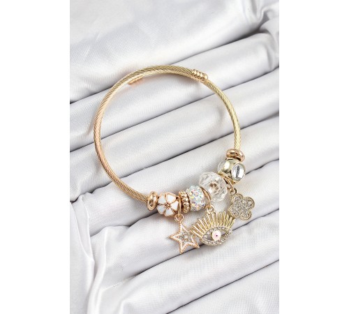 316L Çelik Beyaz Zirkon Taşlı Yıldız Göz Ve Yonca Model Gold Renk Charm Bileklik 316L Çelik Beyaz Zirkon Taşlı Yıldız Göz Ve Yonca Model Gold Renk Charm Bileklik