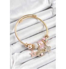 316L Çelik Pembe Zirkon Taşlı Yıldız Göz Ve Yonca Model Gold Renk Charm Bileklik