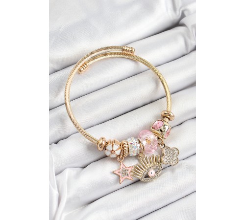 316L Çelik Pembe Zirkon Taşlı Yıldız Göz Ve Yonca Model Gold Renk Charm Bileklik 316L Çelik Pembe Zirkon Taşlı Yıldız Göz Ve Yonca Model Gold Renk Charm Bileklik