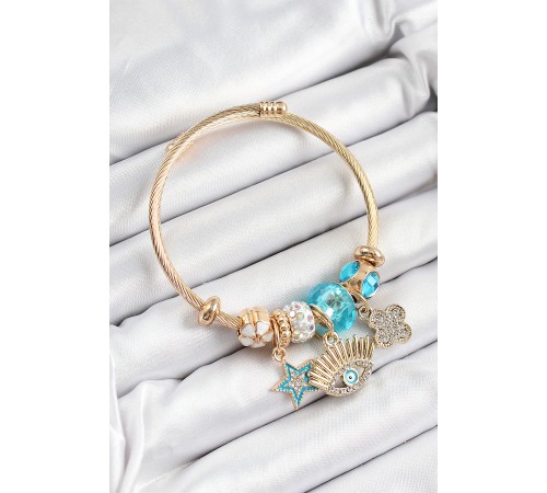 316L Çelik Mavi Zirkon Taşlı Yıldız Göz Ve Yonca Model Gold Renk Charm Bileklik 316L Çelik Mavi Zirkon Taşlı Yıldız Göz Ve Yonca Model Gold Renk Charm Bileklik