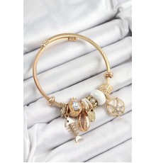 316L Çelik Beyaz Zirkon Taşlı Balık Deniz Kabuğu Ve Deniz Yıldızı Model Gold Renk Charm Bileklik
