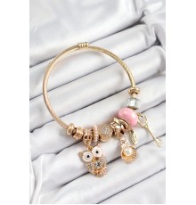 316L Çelik Pembe Zirkon Taşlı Baykuş İstiridye Ve Anahtar Model Gold Renk Charm Bileklik