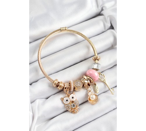 316L Çelik Pembe Zirkon Taşlı Baykuş İstiridye Ve Anahtar Model Gold Renk Charm Bileklik 316L Çelik Pembe Zirkon Taşlı Baykuş İstiridye Ve Anahtar Model Gold Renk Charm Bileklik