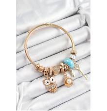 316L Çelik Mavi Zirkon Taşlı Baykuş İstiridye Ve Anahtar Model Gold Renk Charm Bileklik