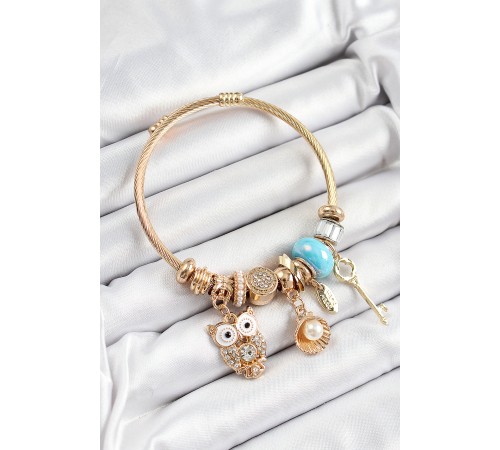 316L Çelik Mavi Zirkon Taşlı Baykuş İstiridye Ve Anahtar Model Gold Renk Charm Bileklik 316L Çelik Mavi Zirkon Taşlı Baykuş İstiridye Ve Anahtar Model Gold Renk Charm Bileklik