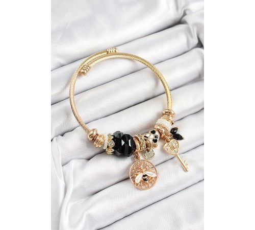 316L Çelik Siyah Zirkon Taşlı Baykuş Arı Ve Anahtar Model Gold Renk Charm Bileklik 316L Çelik Siyah Zirkon Taşlı Baykuş Arı Ve Anahtar Model Gold Renk Charm Bileklik