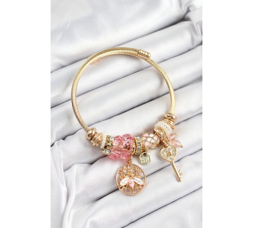 316L Çelik Pembe Zirkon Taşlı Baykuş Arı Ve Anahtar Model Gold Renk Charm Bileklik 316L Çelik Pembe Zirkon Taşlı Baykuş Arı Ve Anahtar Model Gold Renk Charm Bileklik