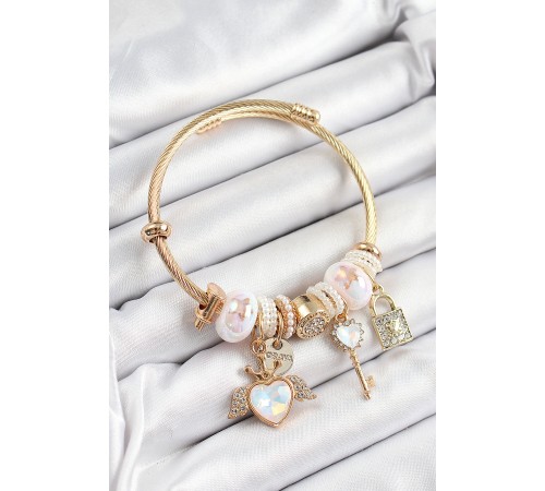 316L Çelik Beyaz Zirkon Taşlı Kilit Anahtar Ve Kalp Model Gold Renk Charm Bileklik 316L Çelik Beyaz Zirkon Taşlı Kilit Anahtar Ve Kalp Model Gold Renk Charm Bileklik