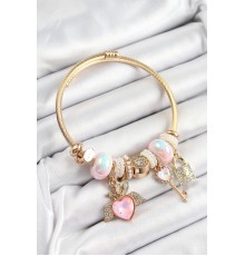 316L Çelik Pembe Zirkon Taşlı Kilit Anahtar Ve Kalp Model Gold Renk Charm BileklikCharm Bileklik