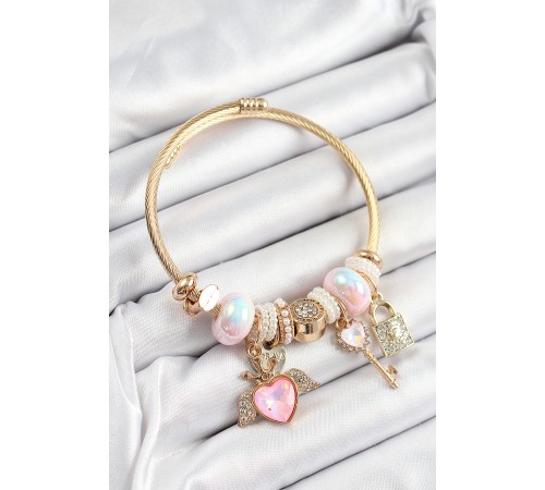 316L Çelik Pembe Zirkon Taşlı Kilit Anahtar Ve Kalp Model Gold Renk Charm BileklikCharm Bileklik 316L Çelik Pembe Zirkon Taşlı Kilit Anahtar Ve Kalp Model Gold Renk Charm BileklikCharm Bileklik