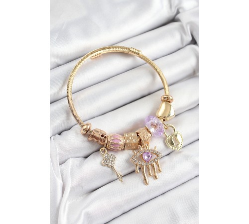 316L Çelik Mor Zirkon Taşlı Kilit Göz Ve Anahtar Model Gold Renk Charm Bileklik 316L Çelik Mor Zirkon Taşlı Kilit Göz Ve Anahtar Model Gold Renk Charm Bileklik