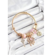 316L Çelik Pembe Zirkon Taşlı Kilit Göz Ve Anahtar Model Gold Renk Charm Bileklik