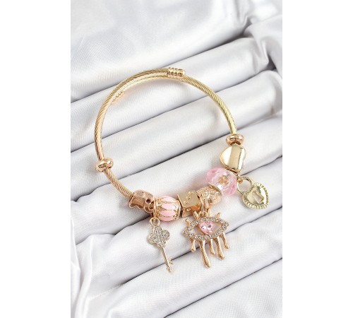 316L Çelik Pembe Zirkon Taşlı Kilit Göz Ve Anahtar Model Gold Renk Charm Bileklik 316L Çelik Pembe Zirkon Taşlı Kilit Göz Ve Anahtar Model Gold Renk Charm Bileklik