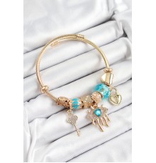 316L Çelik Mavi Zirkon Taşlı Kilit Göz Ve Anahtar Model Gold Renk Charm Bileklik