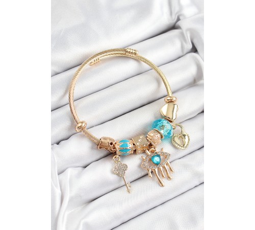 316L Çelik Mavi Zirkon Taşlı Kilit Göz Ve Anahtar Model Gold Renk Charm Bileklik 316L Çelik Mavi Zirkon Taşlı Kilit Göz Ve Anahtar Model Gold Renk Charm Bileklik
