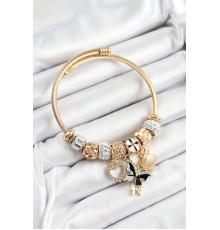 316L Çelik Siyah Zirkon Taşlı Kalp Kelebek Ve İstiridye Model Gold Renk Charm Bileklik