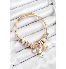 316L Çelik Beyaz Zirkon Taşlı Kalp Kelebek Ve İstiridye Model Gold Renk Charm Bileklik